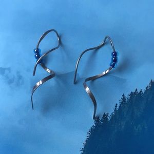 Silver Blue Beaded Spiral Earrings